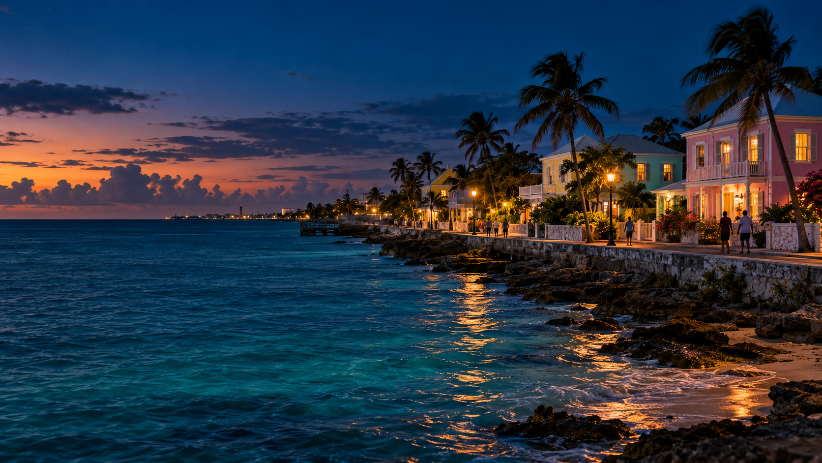 Bahamian coastal neighbourhood at dusk